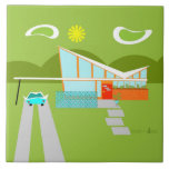 Retro Palm Springs House Ceramic Tile<br><div class="desc">This Retro Palm Springs House with Car Ceramic Tile is a mid century modern lover’s dream. The minimalist art design features a sleek orange and glass house with a dramatically sloping checkmark shape roof. The red door offsets the orange stone planter filled with greenery and the decorative turquoise cinderblock privacy...</div>