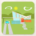 Retro Palm Springs House Hard Paper Coaster<br><div class="desc">This Retro Palm Springs House with Car Hard Paper Coaster is a mid century modern lover’s dream. The minimalist art design features a sleek orange and glass house with a dramatically sloping checkmark shape roof. The red door offsets the orange stone planter filled with greenery and the decorative turquoise cinderblock...</div>