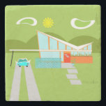 Retro Palm Springs House Marble Stone Coaster<br><div class="desc">This Retro Palm Springs House with Car Marble Stone Coaster is a mid century modern lover’s dream. The minimalist art design features a sleek orange and glass house with a dramatically sloping checkmark shape roof. The red door offsets the orange stone planter filled with greenery and the decorative turquoise cinderblock...</div>