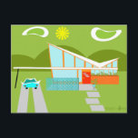 Retro Palm Springs House Postcard<br><div class="desc">This Retro Palm Springs House with Car postcard is a mid century modern lover’s dream. The minimalist art design features a sleek orange and glass house with a dramatically sloping checkmark shape roof. The red door offsets the orange stone planter filled with greenery and the decorative turquoise cinderblock privacy screen....</div>