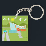 Retro Palm Springs House Square Keychain<br><div class="desc">This Retro Palm Springs House with Car Square Keychain is a mid century modern lover’s dream. The minimalist art design features a sleek orange and glass house with a dramatically sloping checkmark shape roof. The red door offsets the orange stone planter filled with greenery and the decorative turquoise cinderblock privacy...</div>