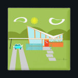 Retro Palm Springs House Square Magnet<br><div class="desc">This Retro Palm Springs House with Car Square Magnet is a mid century modern lover’s dream. The minimalist art design features a sleek orange and glass house with a dramatically sloping checkmark shape roof. The red door offsets the orange stone planter filled with greenery and the decorative turquoise cinderblock privacy...</div>