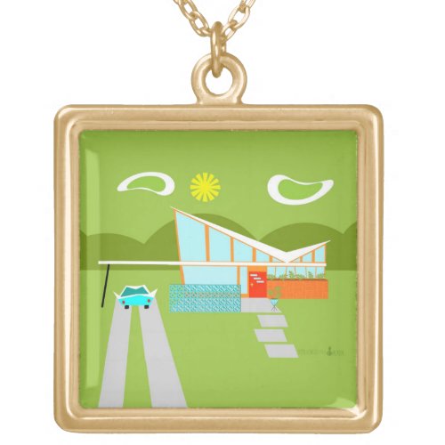 Retro Palm Springs House Square Necklace