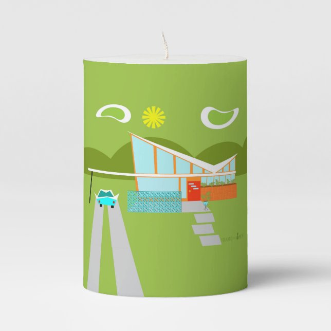 Retro Palm Springs House Wrapped Pillar Candle (Front)