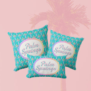 Retro Palm Springs Turquoise Tropical Palms Lumbar Pillow