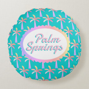 Retro Palm Springs Turquoise Tropical Palms Round Pillow