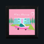Retro Palm Springs Wooden Jewelry Keepsake Box<br><div class="desc">Between the pink background, turquoise mid century modern home, and the classic 1950s car, this design couldn’t be more Palm Springs if it said it in the clouds. Oh, wait, it does say it in the clouds! The blue and teal stone of the house is offset by the sputnik light...</div>