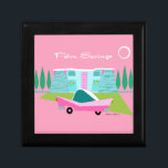 Retro Palm Springs Wooden Jewelry Keepsake Box<br><div class="desc">Between the pink background, turquoise mid century modern home, and the classic 1950s car, this design couldn’t be more Palm Springs if it said it in the clouds. Oh, wait, it does say it in the clouds! The blue and teal stone of the house is offset by the sputnik light...</div>