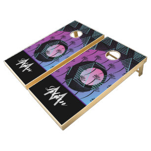 Retro Palm Tree Gradient Monogrammed   Cornhole Set