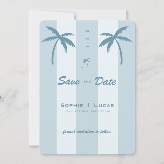Retro Palm Tree Monogram Tropical Beach Wedding Save The Date (Front)