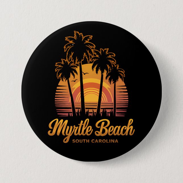 Retro Palm Tree Sunset South Carolina Myrtle Beach Button (Front)