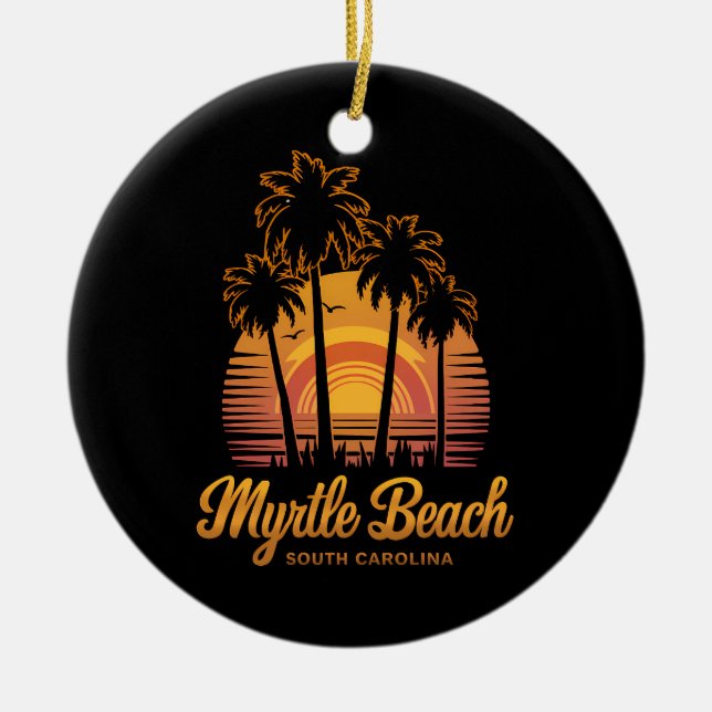 Retro Palm Tree Sunset South Carolina Myrtle Beach Ceramic Ornament (Front)