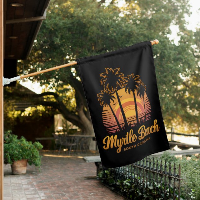 Retro Palm Tree Sunset South Carolina Myrtle Beach House Flag (In SItu)