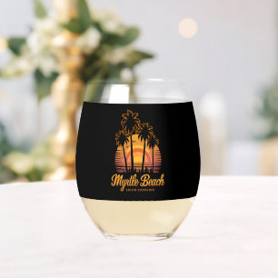 Retro Palm Tree Sunset South Carolina Myrtle Beach Stemless Wine Glass
