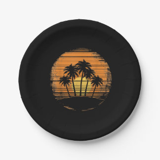 Retro Palm Tree Sunset Summer Beach Vintage Tropic Paper Plates