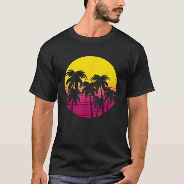 Retro Palm Trees Beach Sunset 80s Summer Vacation T-Shirt (Front)
