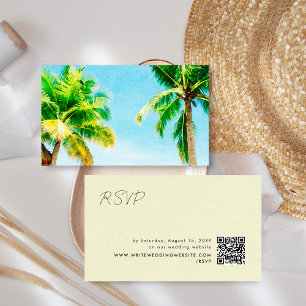 Retro Palm Trees Beach Wedding RSVP QR Code Enclosure Card