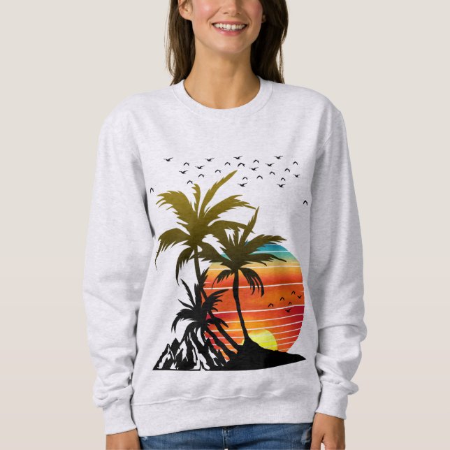 Retro Palm Trees Mountain Sunset T-Shirt Sweatshirt (Front)