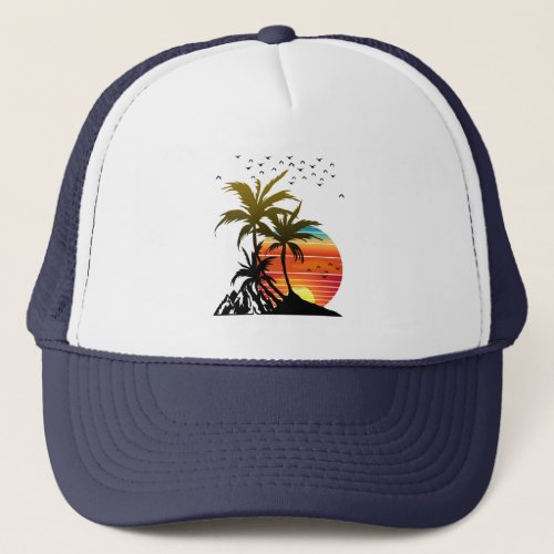 Retro Palm Trees Mountain Sunset  Trucker Hat