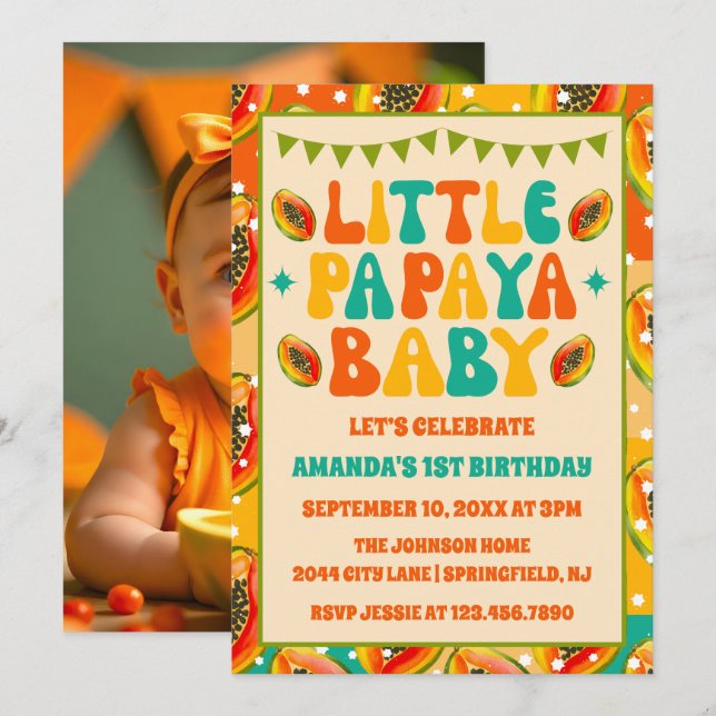 Retro Papaya 1st Birthday Party Photo Invitation (Front/Back)