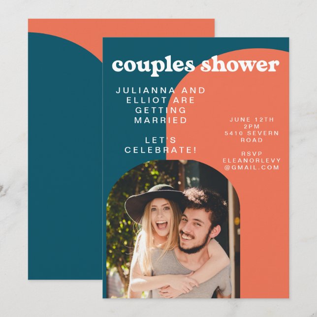 Retro Papaya and Peacock Blue Photo Couples Shower Invitation (Front/Back)
