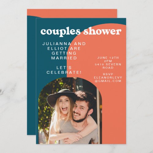 Retro Papaya and Peacock Blue Photo Couples Shower Invitation