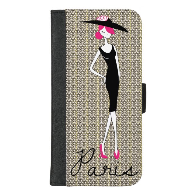 Retro Paris Pink Black Fashion Girl iPhone Wallet Case (Front)