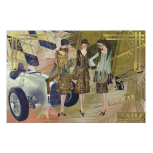 Retro Parisian Scene with Flappers Faux Canvas Print
