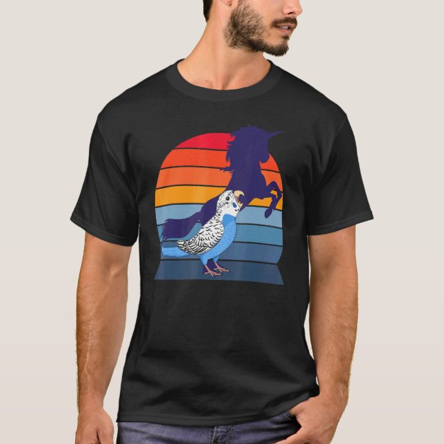 Retro Parrot I Unicorn I Screaming Blue Budgie T-Shirt (Front)