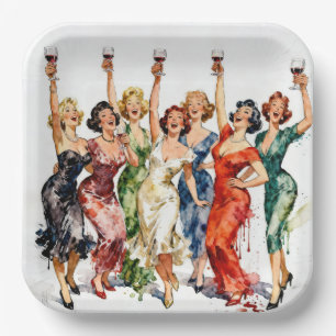 Retro Party Ladies with Red Wine Paper Plates
