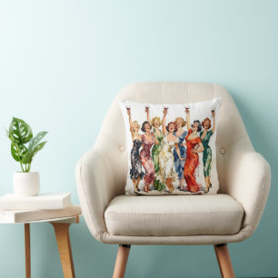 Retro Party Ladies with Red Wine Throw Pillow