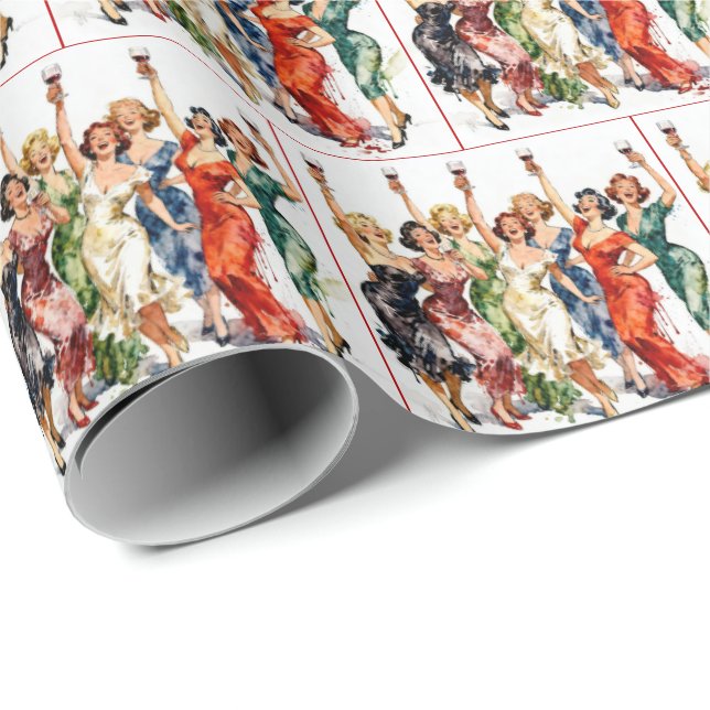 Retro Party Ladies with Red Wine Wrapping Paper (Roll Corner)