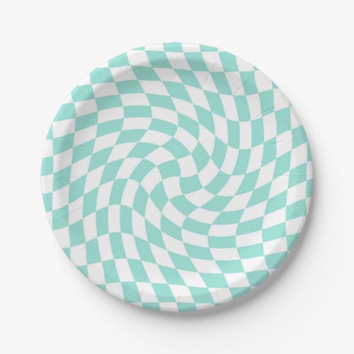 Retro Pastel Baby Blue Checks Warped Checkerboard Paper Plates