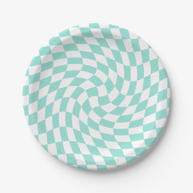 Retro Pastel Baby Blue Checks Warped Checkerboard Paper Plates (Front)