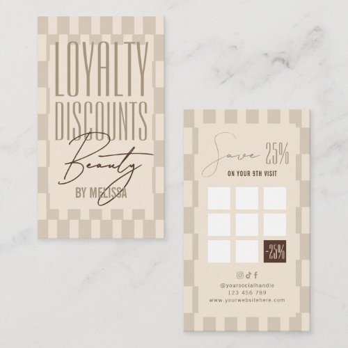 Retro Pastel Beige Checkered Beauty Spa Hair Salon Loyalty Card