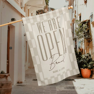 Retro Pastel Beige We Are Open Business Logo Flag