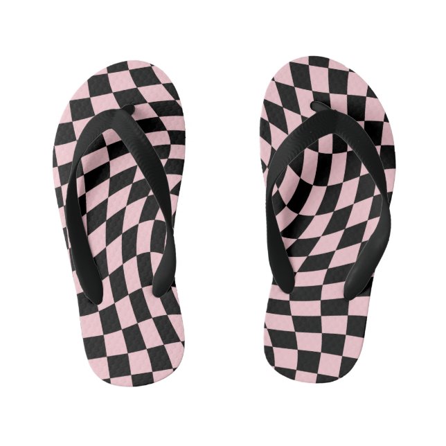 Retro Pastel Black Pink Checks Warped Checkerboard Kid's Flip Flops (Footbed)