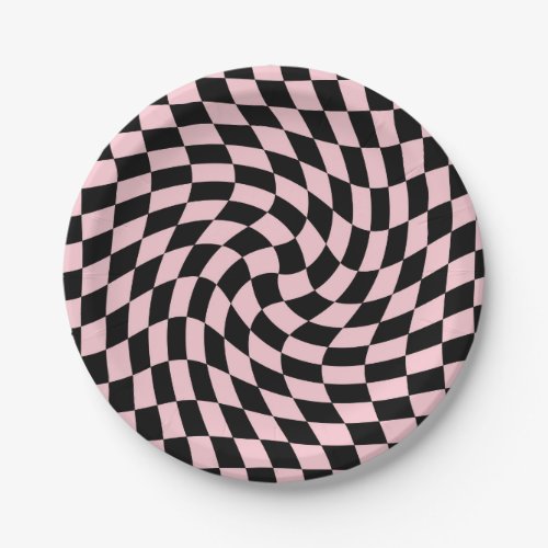 Retro Pastel Black Pink Checks Warped Checkerboard Paper Plates