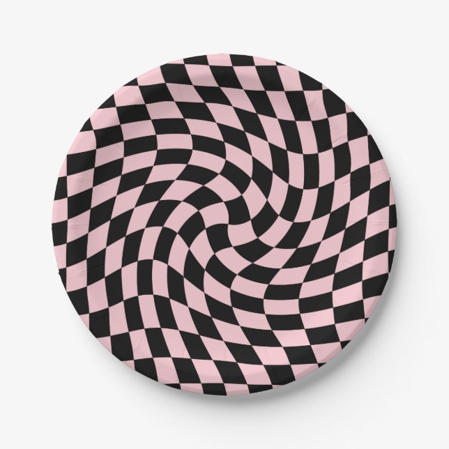Retro Pastel Black Pink Checks Warped Checkerboard Paper Plates (Front)