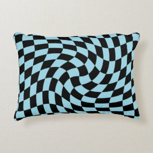 Retro Pastel Blue Black Warped Check Checkered  Accent Pillow