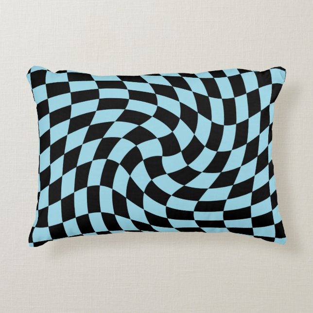Retro Pastel Blue Black Warped Check Checkered  Accent Pillow (Front)
