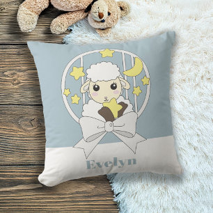 Retro Pastel Blue Cute Cartoon Lamb Throw Pillow