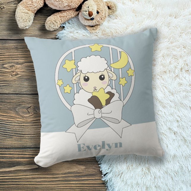 Retro Pastel Blue Cute Cartoon Lamb Throw Pillow (Creator Uploaded)