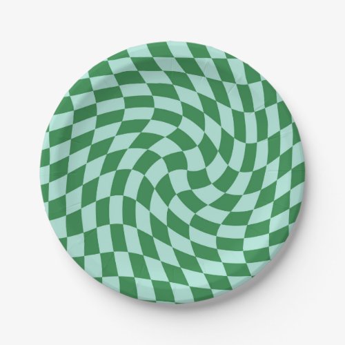 Retro Pastel Blue Green Checks Warped Checkerboard Paper Plates