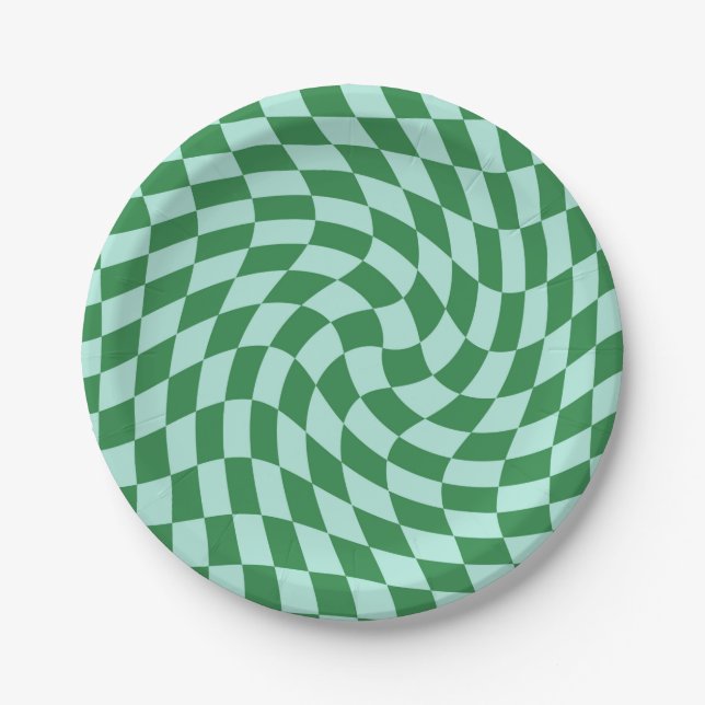 Retro Pastel Blue Green Checks Warped Checkerboard Paper Plates (Front)