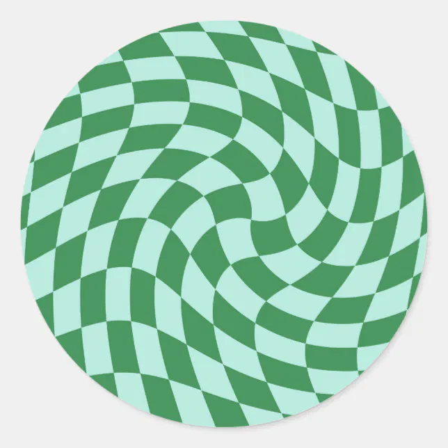 Retro Pastel Blue Green Warped Checks Checkered Classic Round Sticker ...