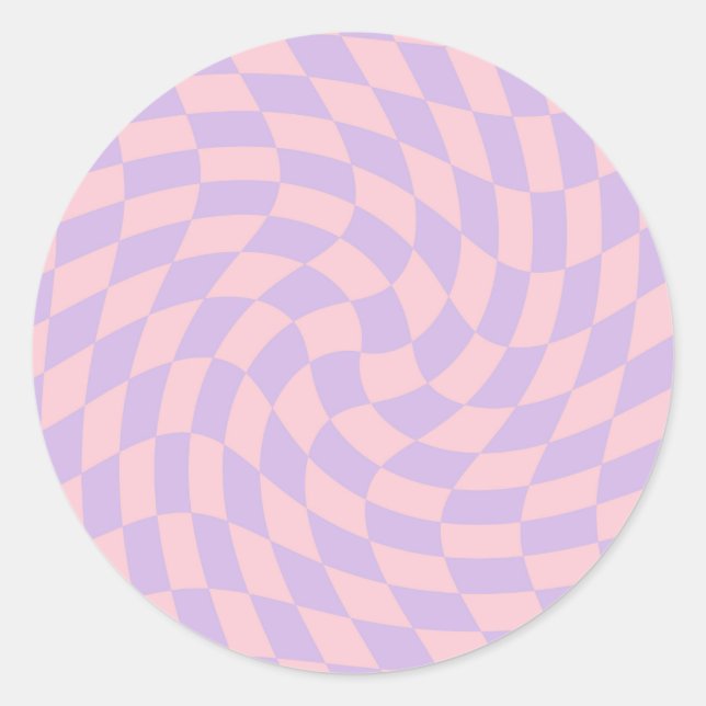 Retro Pastel Blue Pink Warped Checks Checkered   Classic Round Sticker (Front)