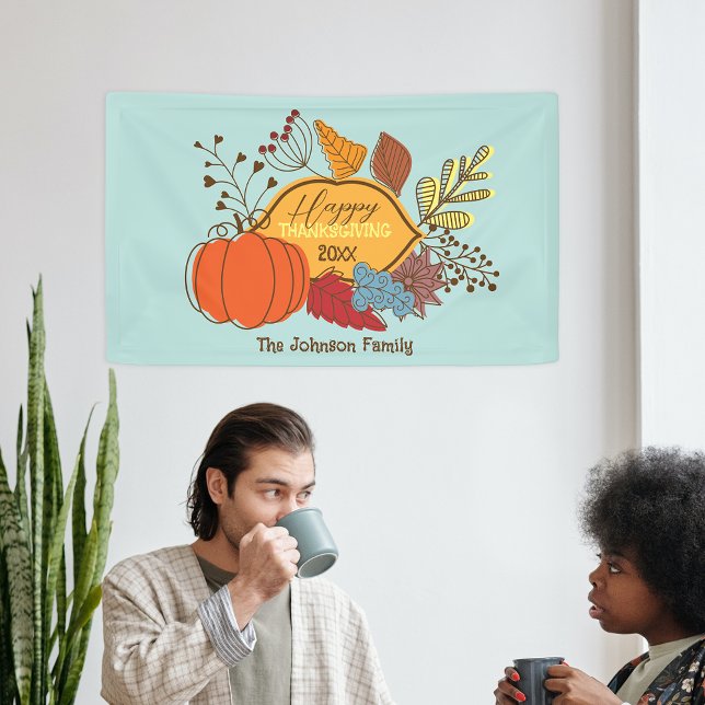 Retro Pastel Blue Pumpkin Family Thanksgiving Banner (Creator Uploaded)