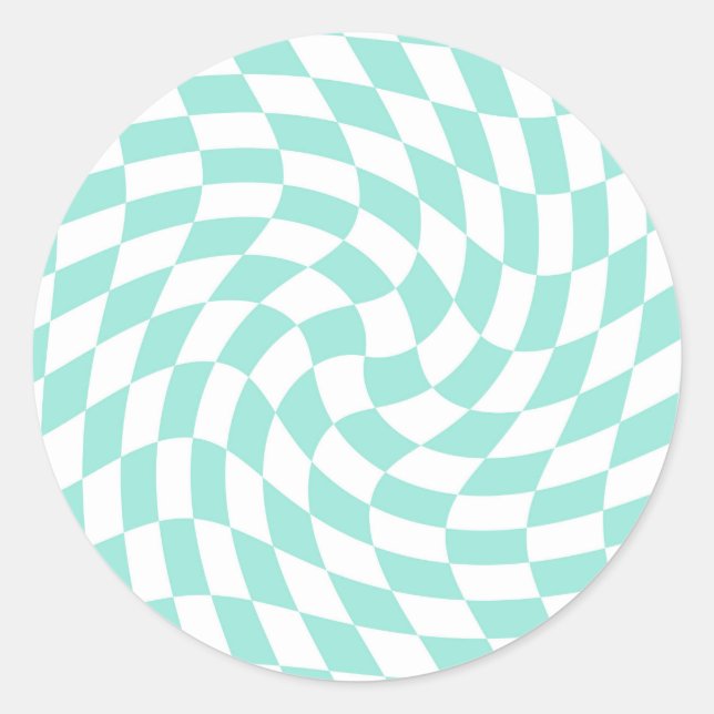 Retro Pastel Blue Warped Checks Checkered   Classic Round Sticker (Front)