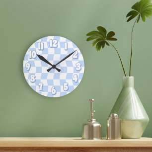 Retro Pastel Blue White Wavy Checker Round Clock